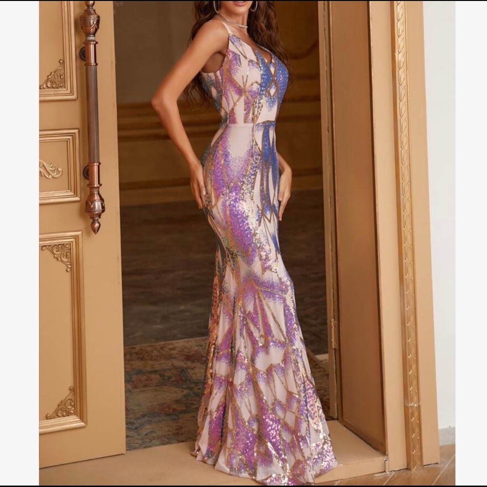 Luxurious Sequins Mermaid Backless Prom Evening Party Formal Gown Floor Dress - Picture 8 of 13